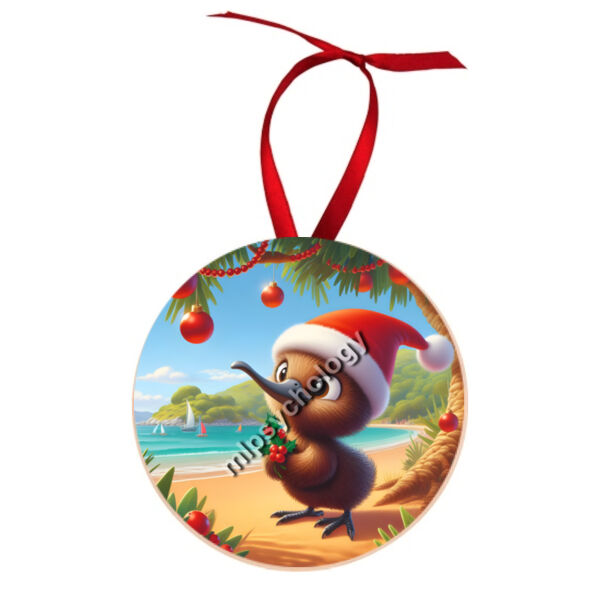 Festive Wilderness - Kiwi (Beach) - Christmas Ball Ornament  - Round Wood Ornament Thumbnail
