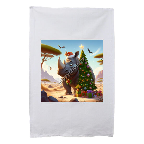 Festive Wilderness - Rhino - White Tea Towel Thumbnail